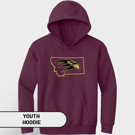 Maroon youth hoodie with Montana outline and eagle logo.