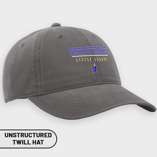 Gray unstructured twill hat with "NORTH BITTERROOT LITTLE LEAGUE" text.