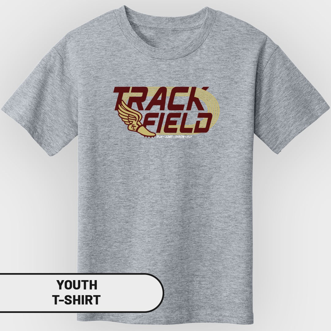 Youth t-shirt with a maroon and gold "Track Field" graphic and a winged shoe.
