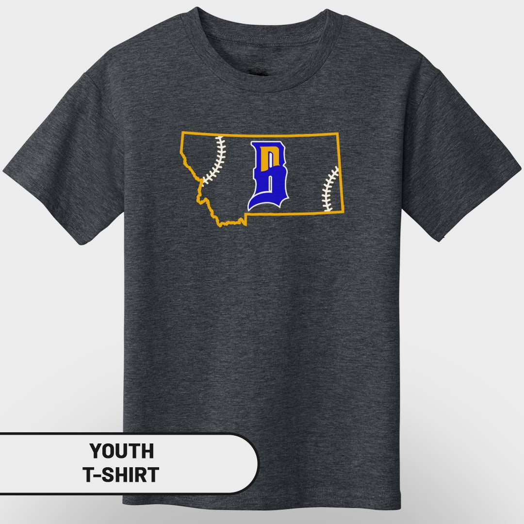 Dark grey youth t-shirt with Montana outline and baseball stitch detail.