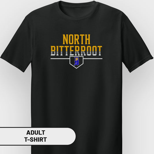 Black t-shirt with "NORTH BITTERROOT" text and a blue and yellow shield logo.