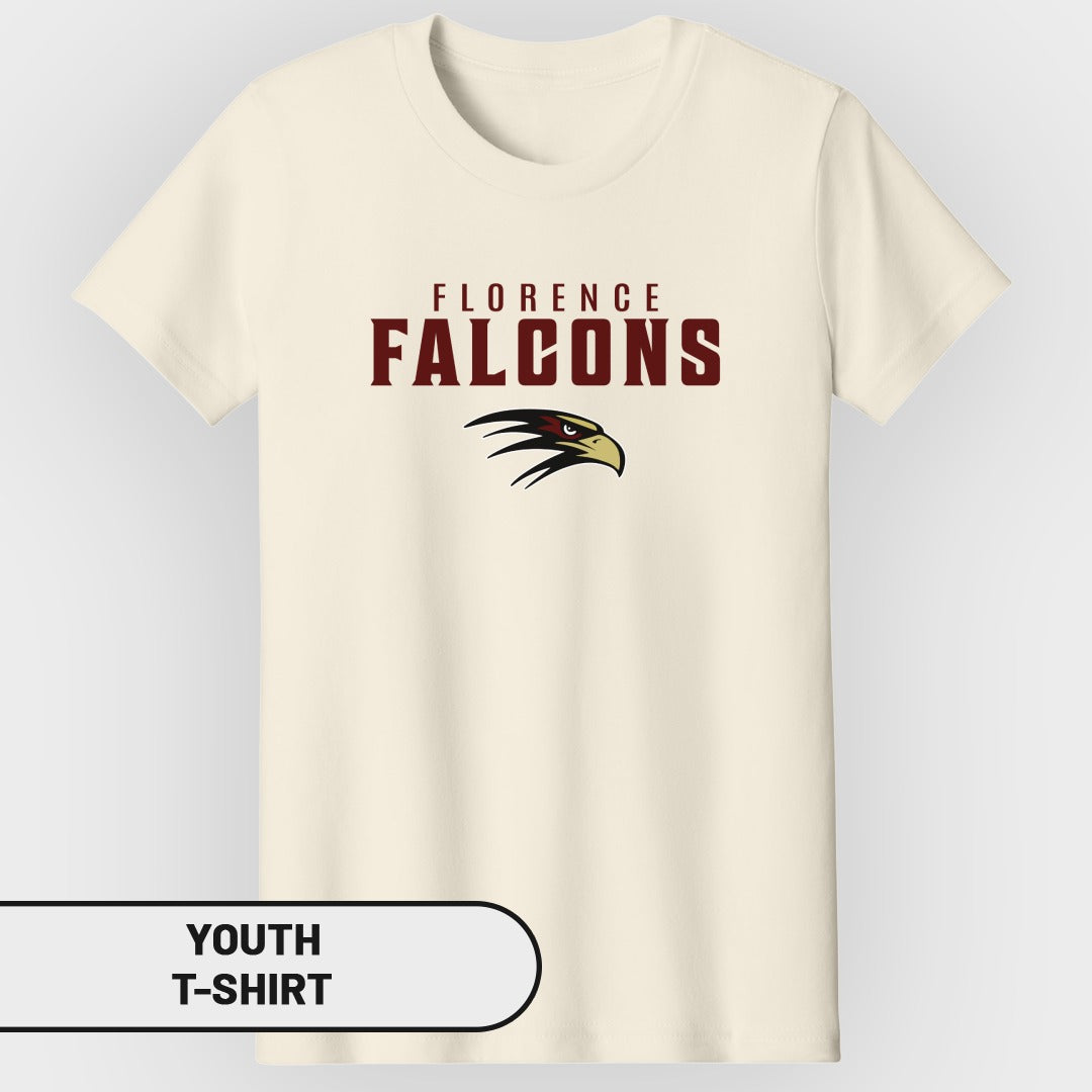Cream youth t-shirt with "FLORENCE FALCONS" text and eagle graphic.