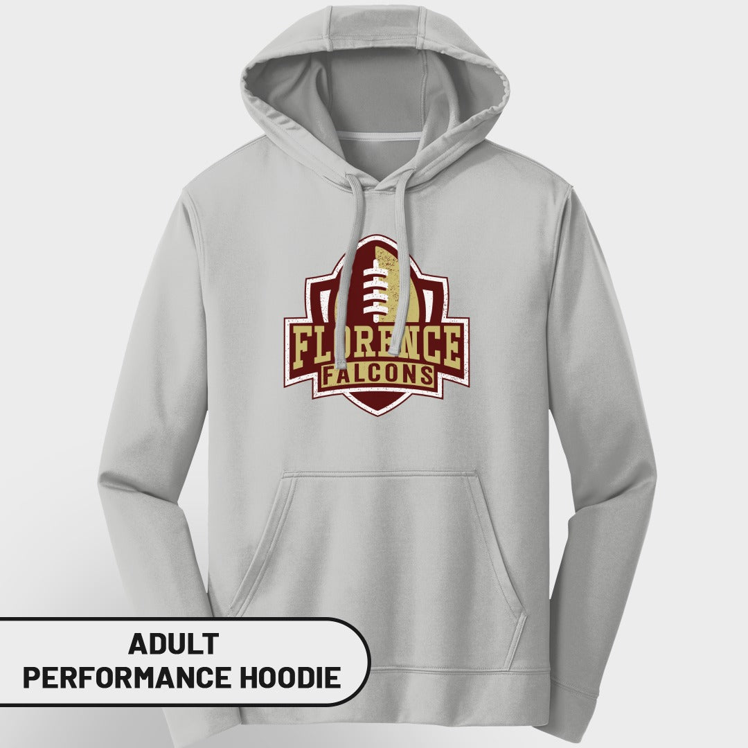 Gray adult performance hoodie with Florence Falcons football logo.
