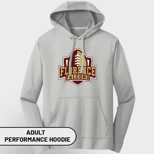 Gray adult performance hoodie with Florence Falcons football logo.