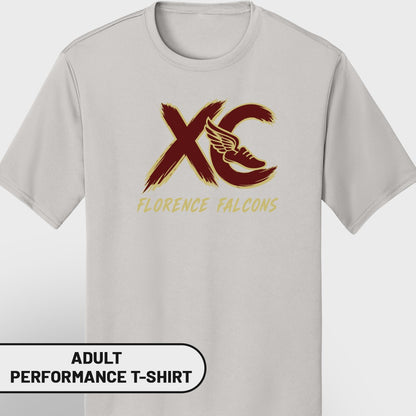 Light gray adult performance t-shirt with "XC" logo and "Florence Falcons" text.