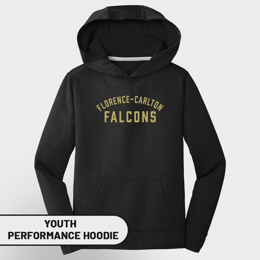 Black youth performance hoodie with "Florence-Carlton Falcons" text.