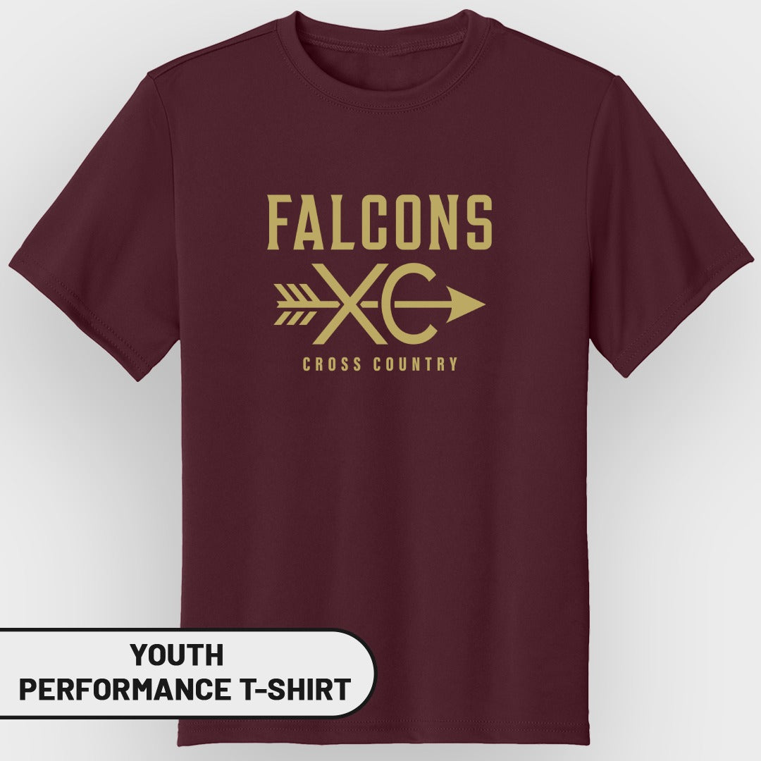 Maroon youth performance t-shirt with "Falcons XC Cross Country" graphic.