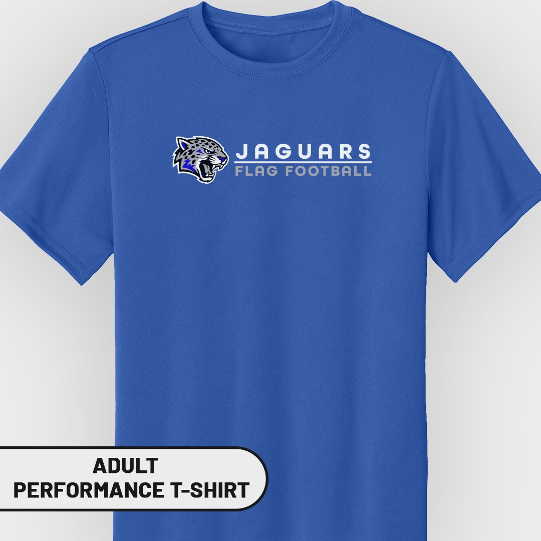 Blue adult performance t-shirt with Jaguars Flag Football logo.