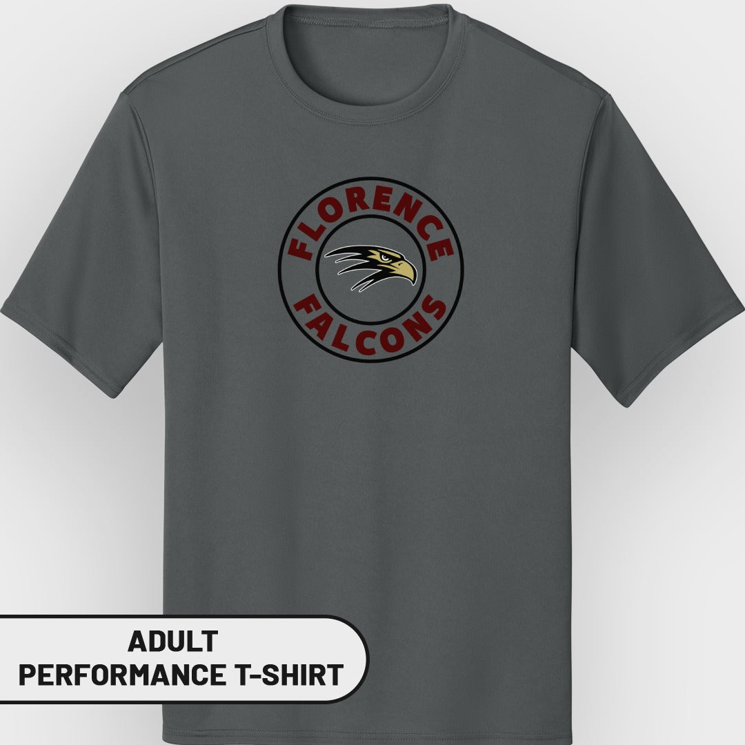 Grey adult performance t-shirt with Florence Falcons logo.