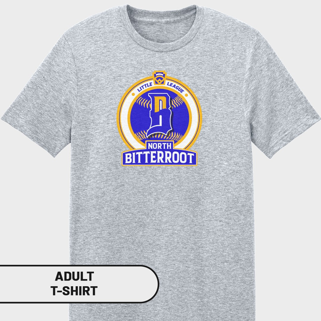 Grey adult t-shirt with North Bitterroot Little League logo on chest.