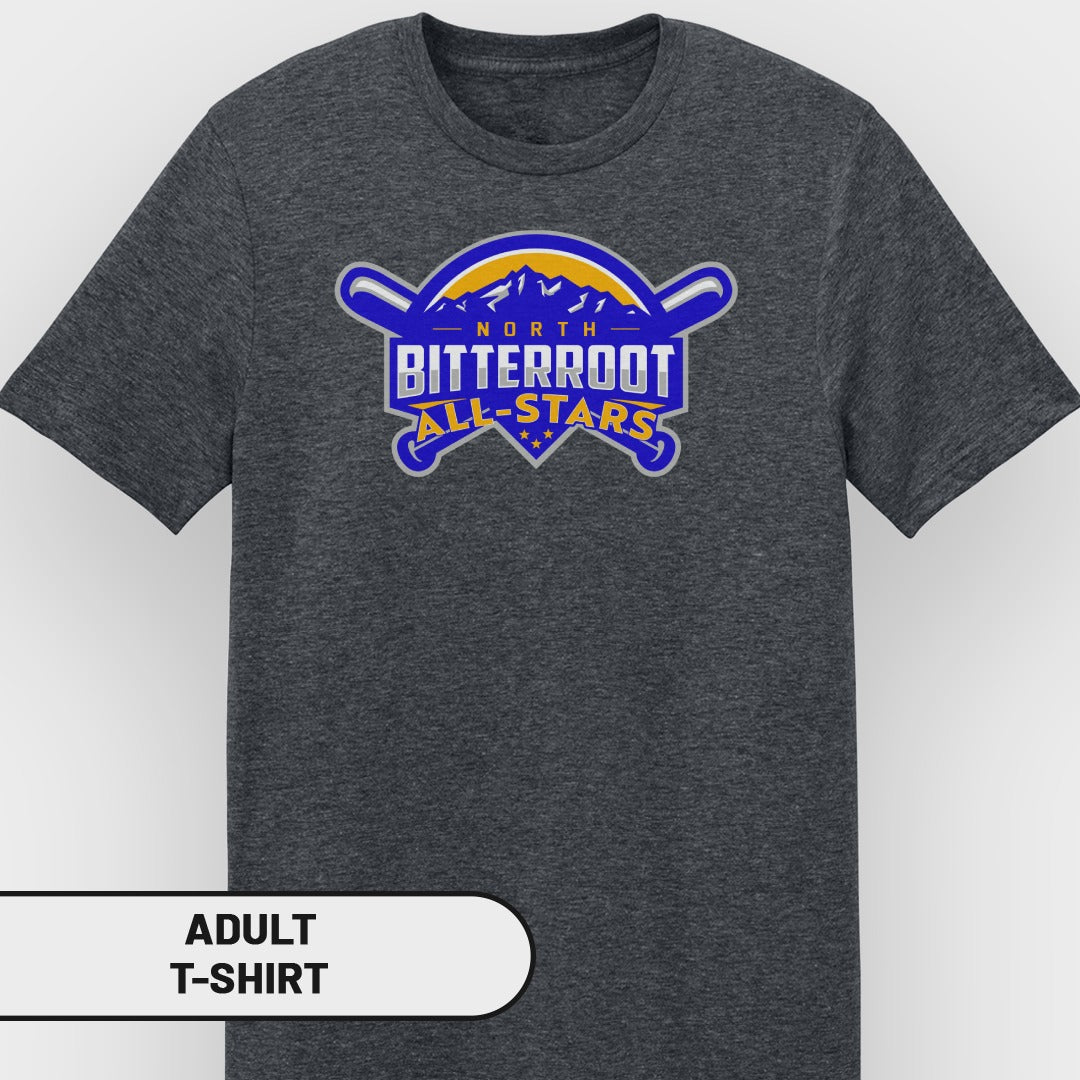 Adult dark gray t-shirt with North Bitterroot All-Stars baseball logo.