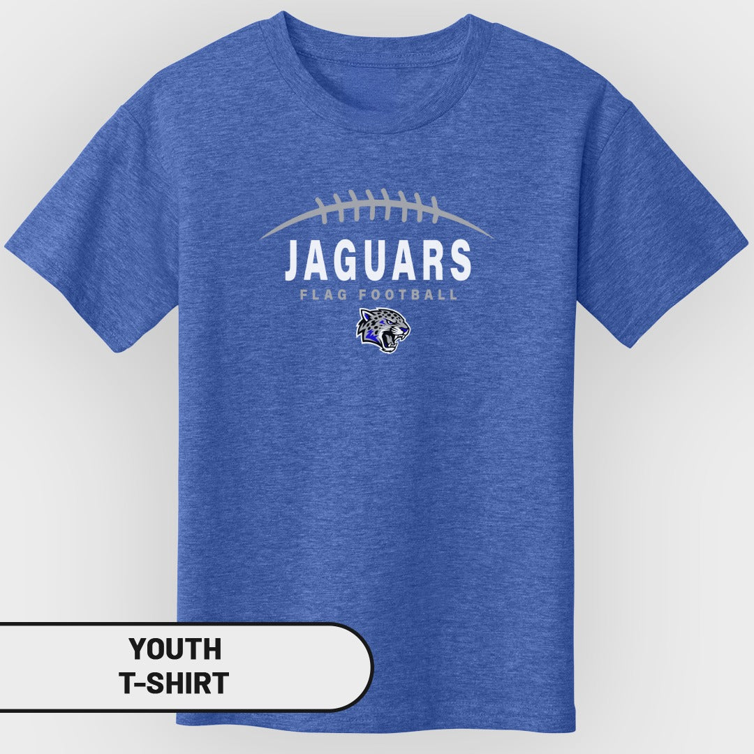Blue youth t-shirt with "JAGUARS FLAG FOOTBALL" and jaguar logo.