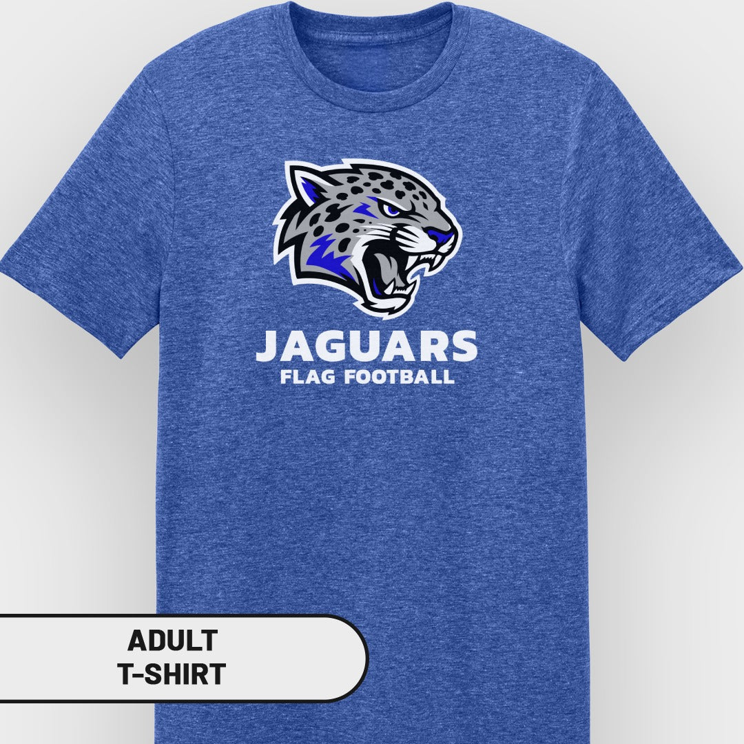 Blue adult t-shirt with Jaguars Flag Football logo.