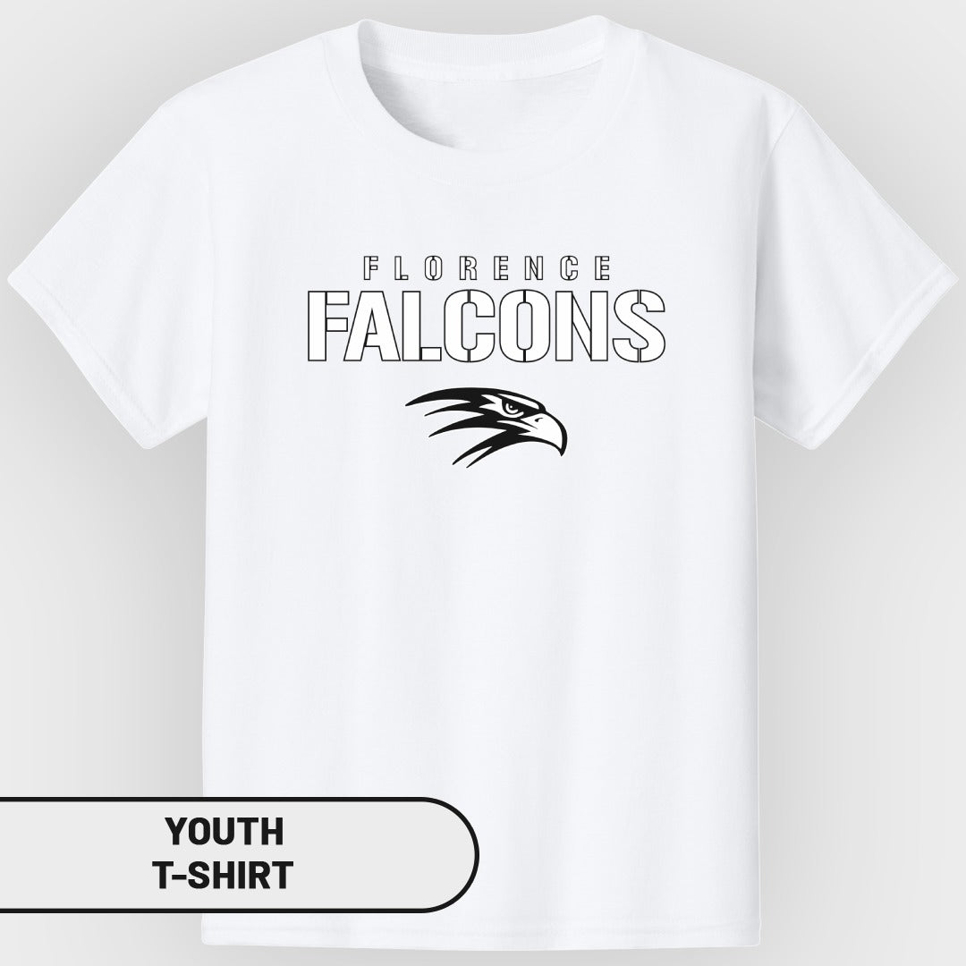 White youth t-shirt with "Florence Falcons" text and a falcon logo.