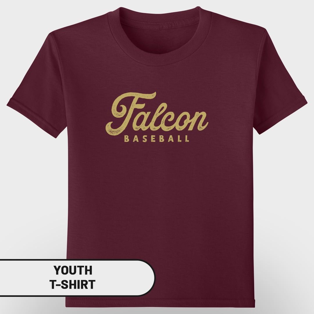 Maroon youth t-shirt with "Falcon Baseball" in distressed gold lettering.