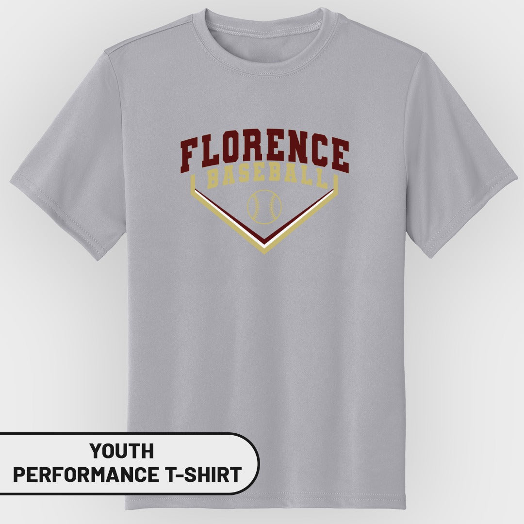 Grey youth performance t-shirt with "Florence Baseball" text and baseball graphic.