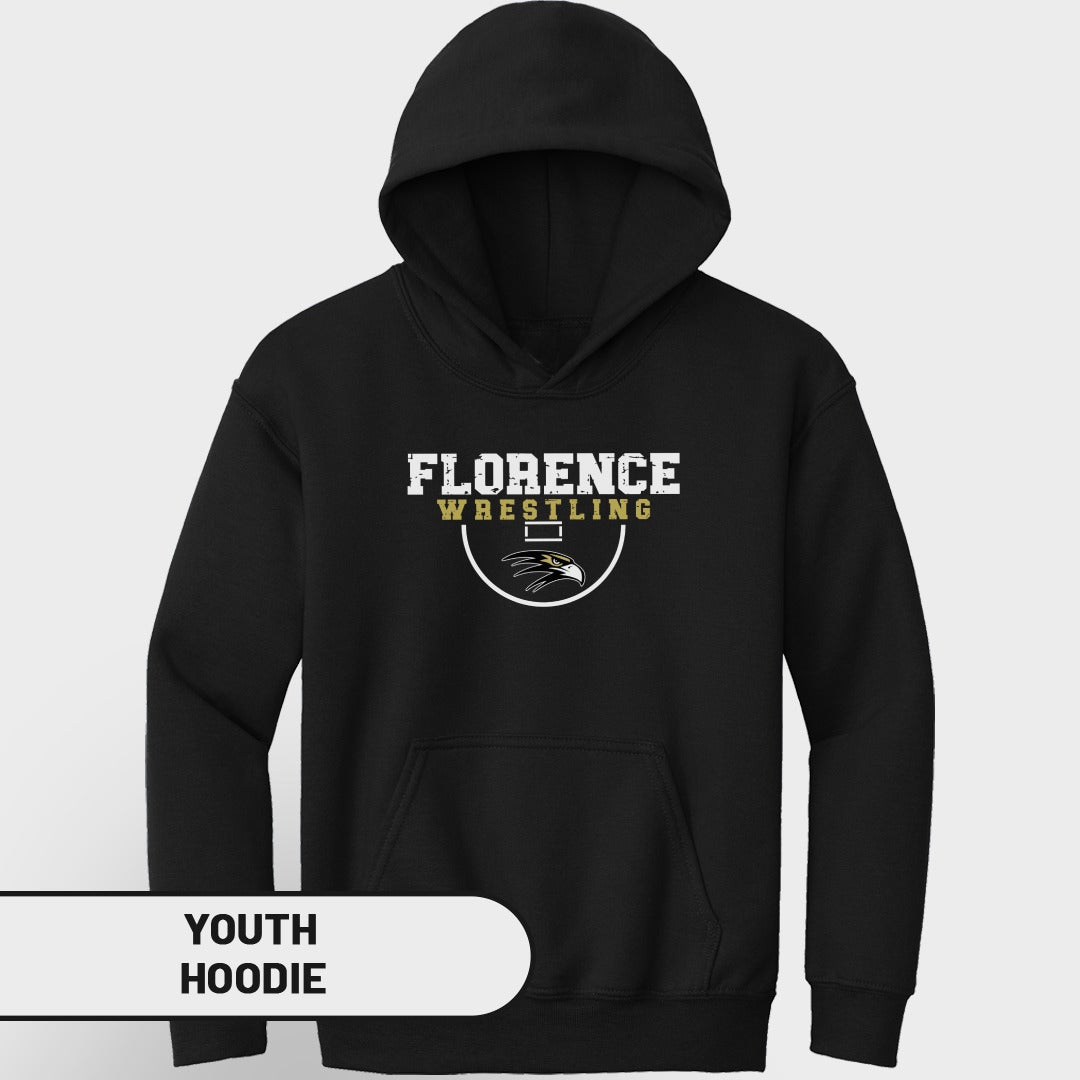 Black youth hoodie with "Florence Wrestling" logo featuring an eagle head.