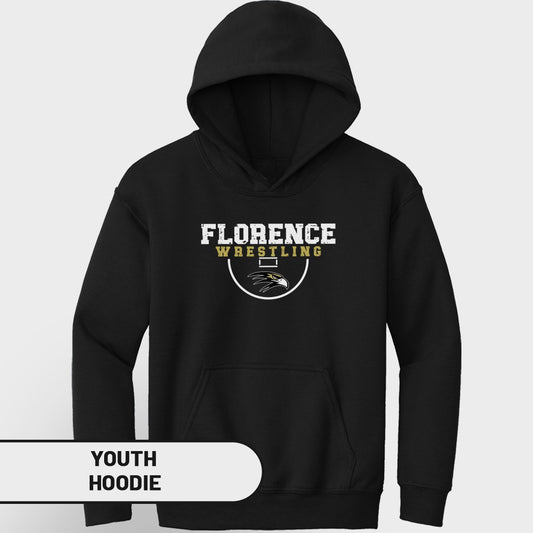 Black youth hoodie with "Florence Wrestling" logo featuring an eagle head.