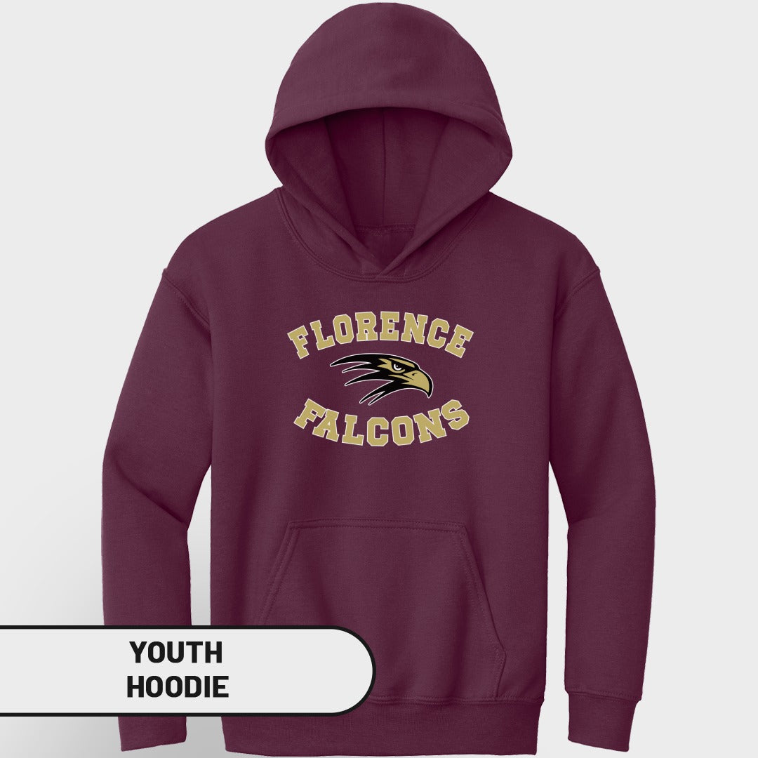 Maroon youth hoodie with "Florence Falcons" text and eagle graphic.