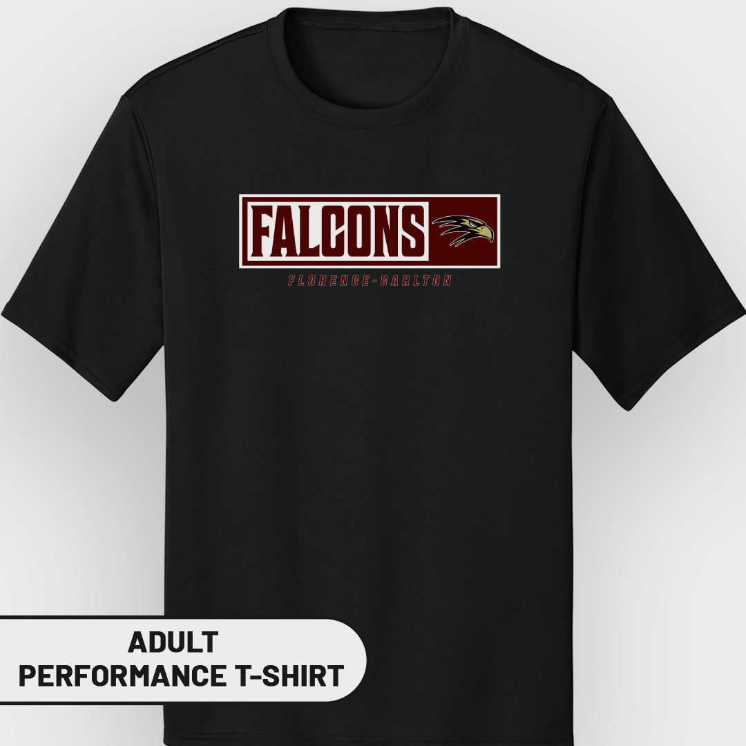 Black adult performance t-shirt with "FALCONS FLORENCE-CARLTON" text and falcon logo.