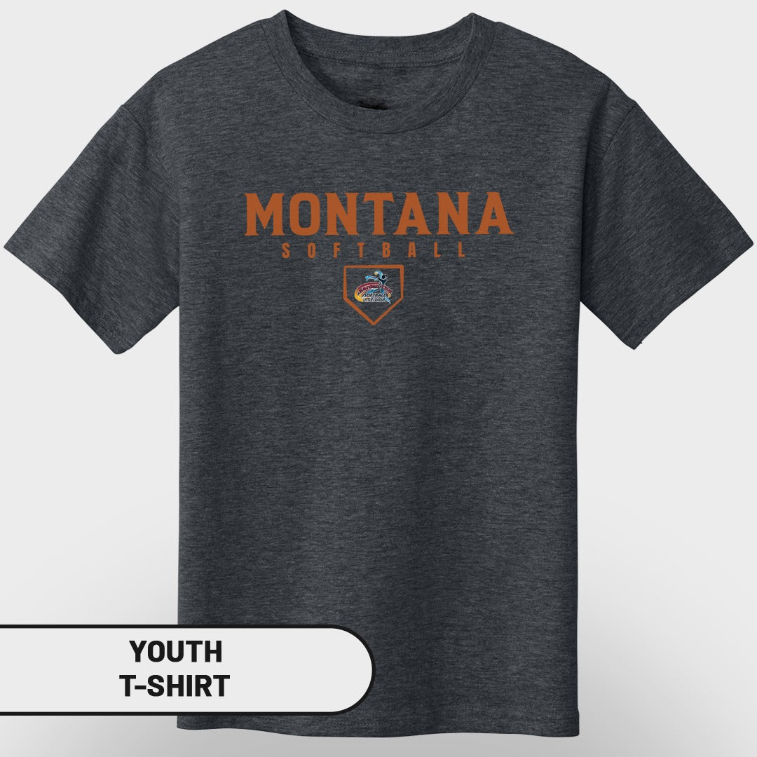 Dark grey youth t-shirt with "MONTANA SOFTBALL" text and shield logo.