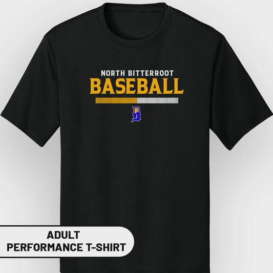 Black adult t-shirt with "NORTH BITTERROOT BASEBALL" and a blue 'D' logo.