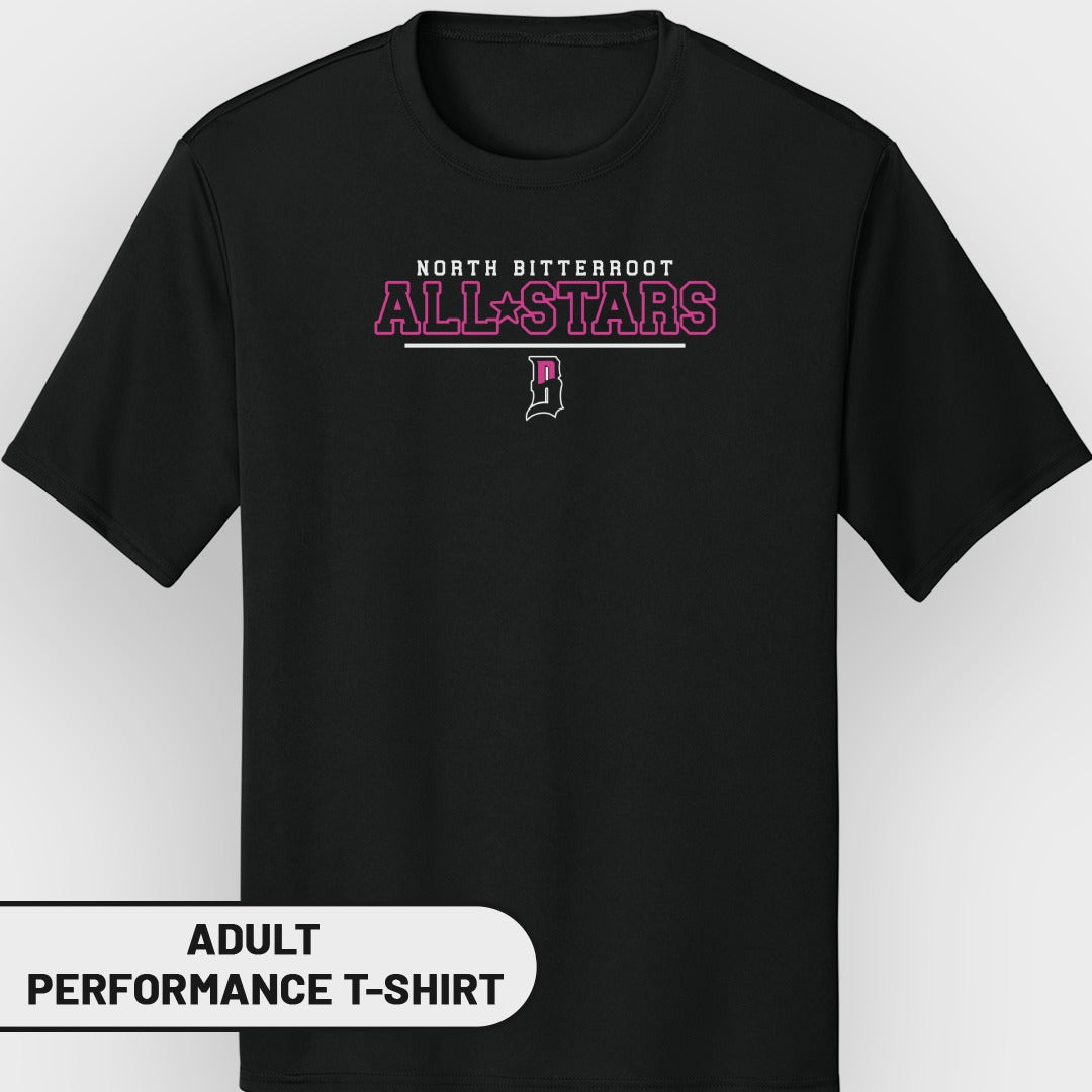 Black adult performance t-shirt with "North Bitterroot All-Stars" in pink and white lettering.