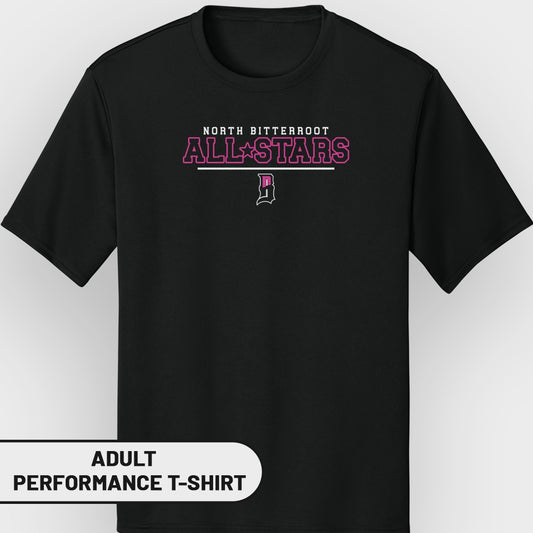 Black adult performance t-shirt with "North Bitterroot All-Stars" in pink and white lettering.
