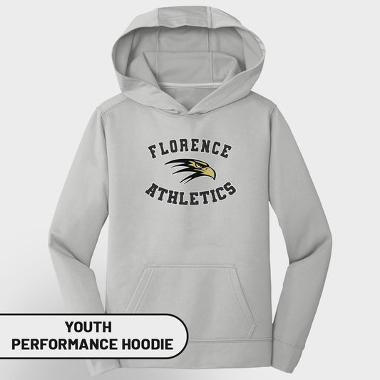 Light gray youth performance hoodie with Florence Athletics eagle logo.
