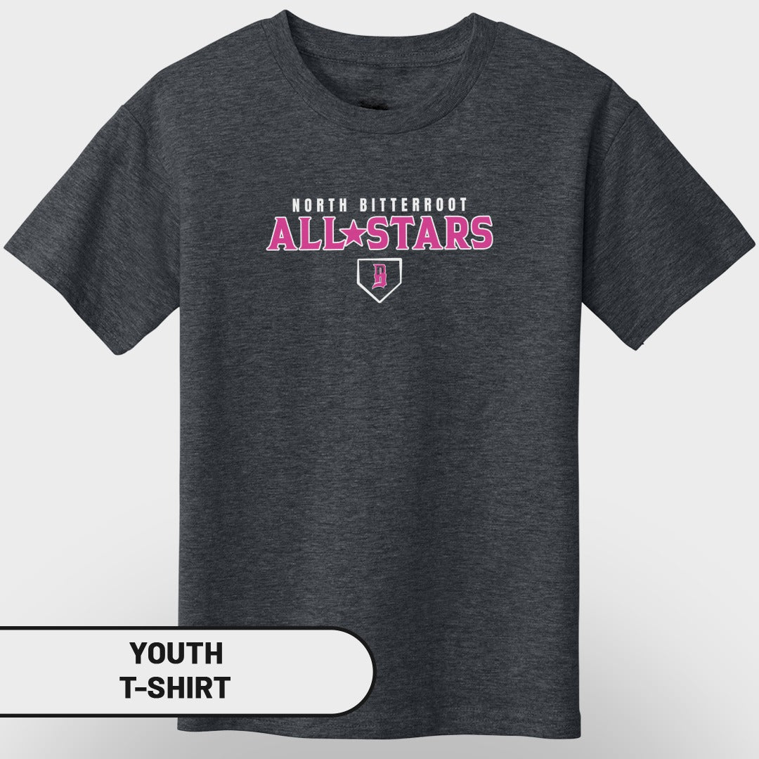 Dark gray youth t-shirt with "North Bitterroot All-Stars" in pink lettering.