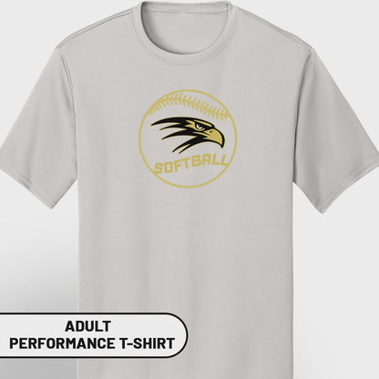 Light gray adult performance t-shirt with a gold softball logo and eagle head graphic.