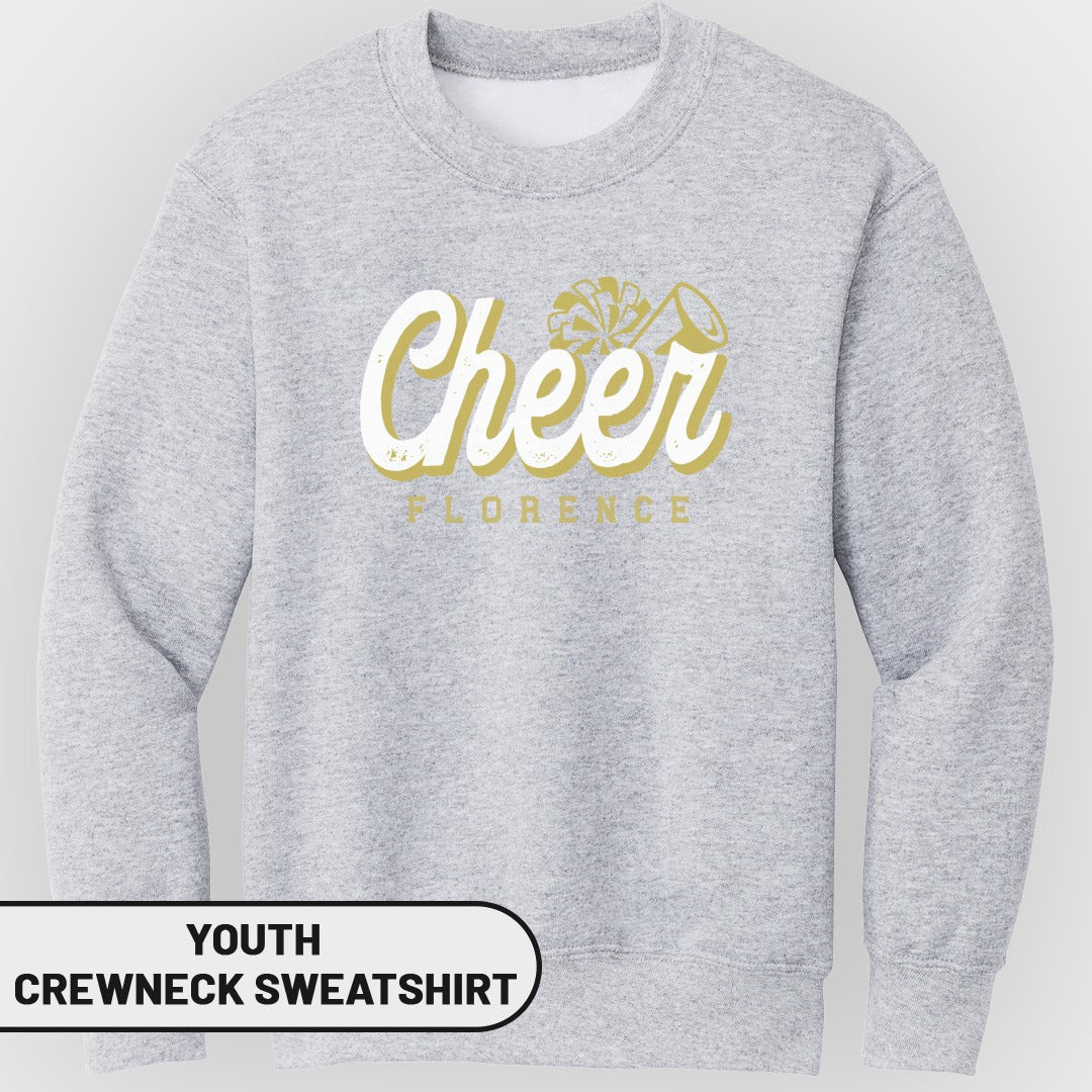 Light grey youth crewneck sweatshirt with "Cheer Florence" and pom-pom graphic.