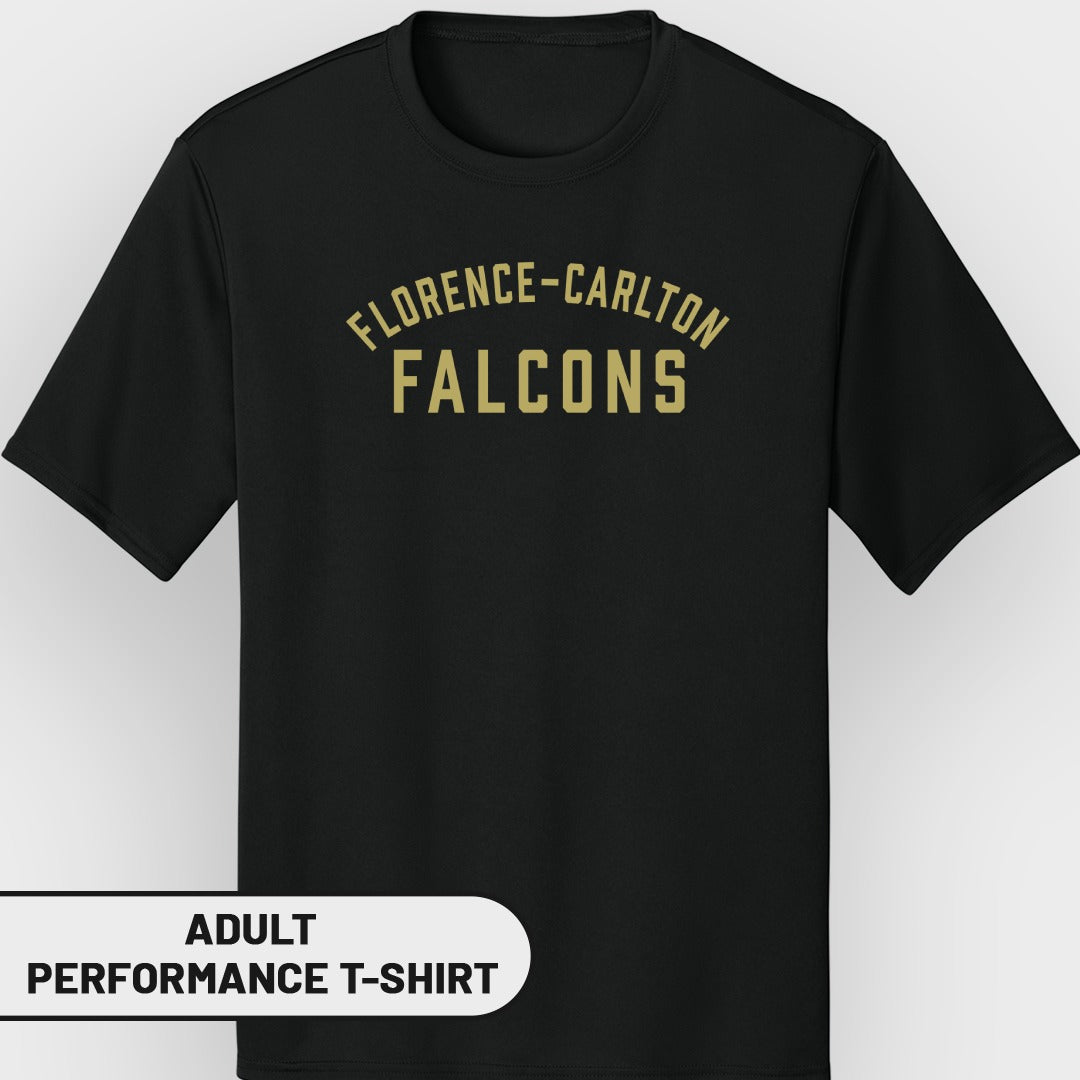 Black adult performance t-shirt with gold "FLORENCE-CARLTON FALCONS" text.