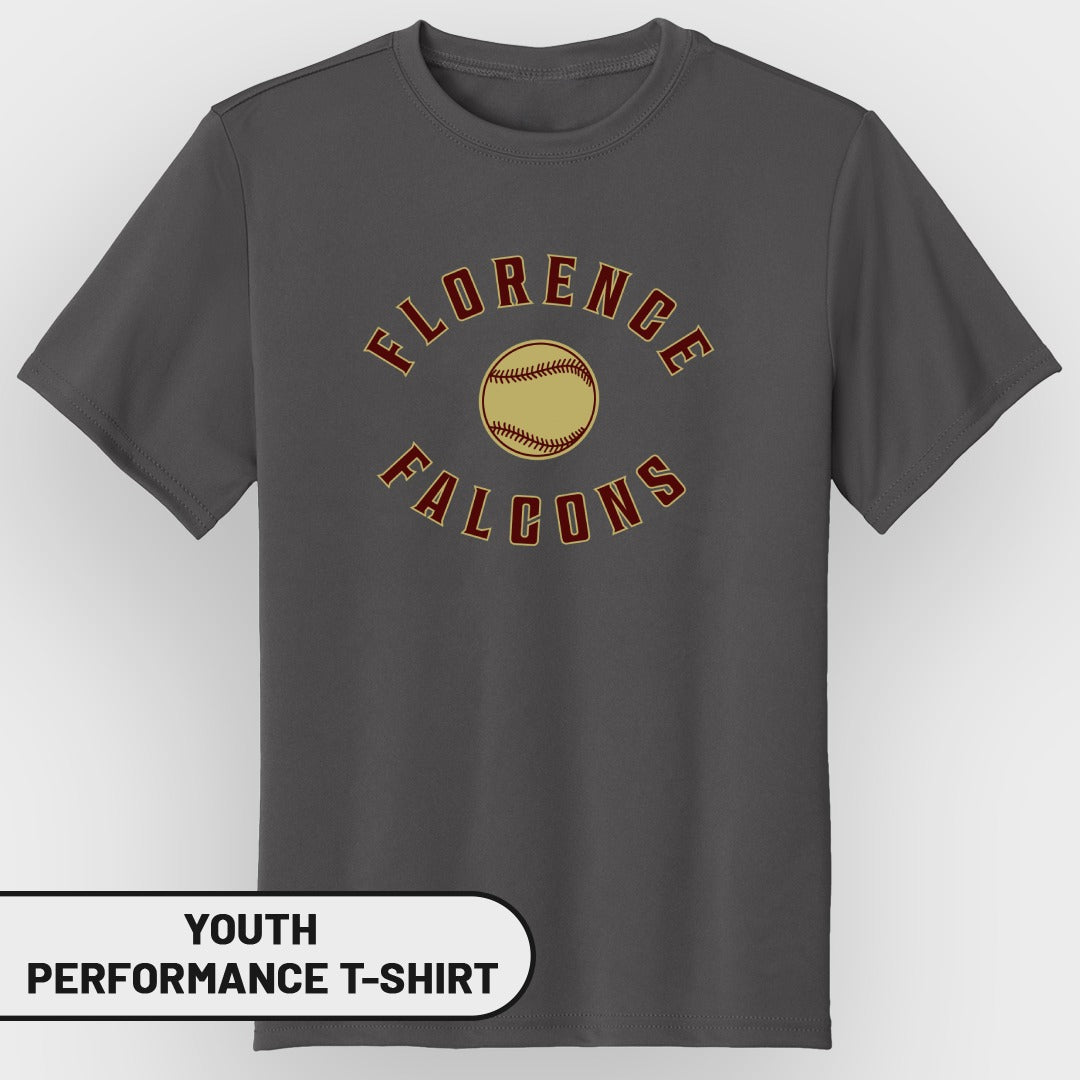 Gray youth performance t-shirt with "Florence Falcons" baseball graphic.