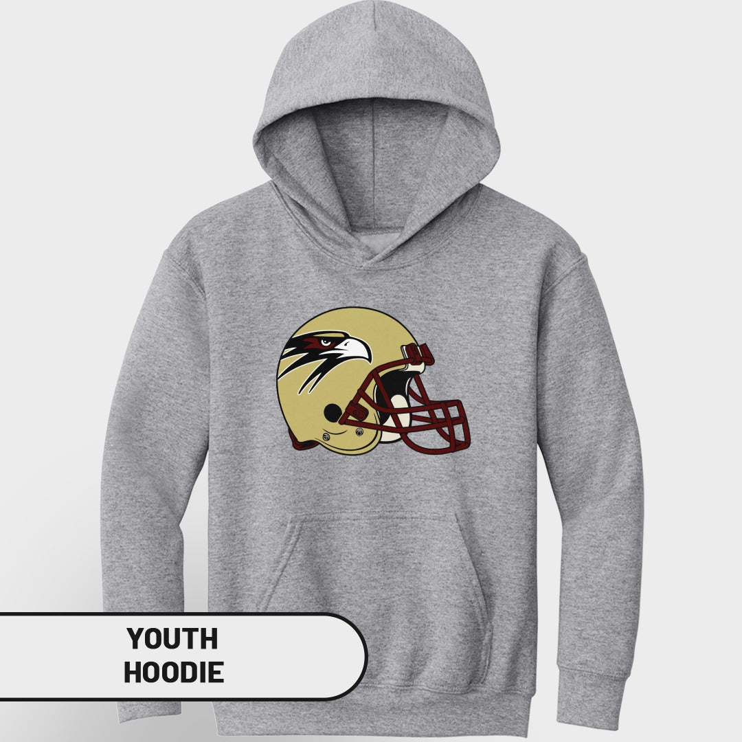 Grey youth hoodie with a gold and maroon eagle helmet graphic and text label.