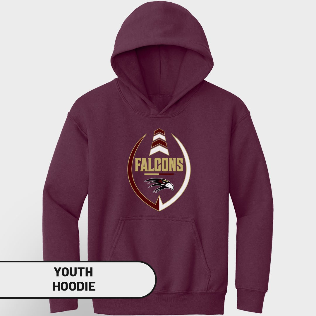 Maroon youth hoodie with a circular Falcons logo featuring an eagle head.