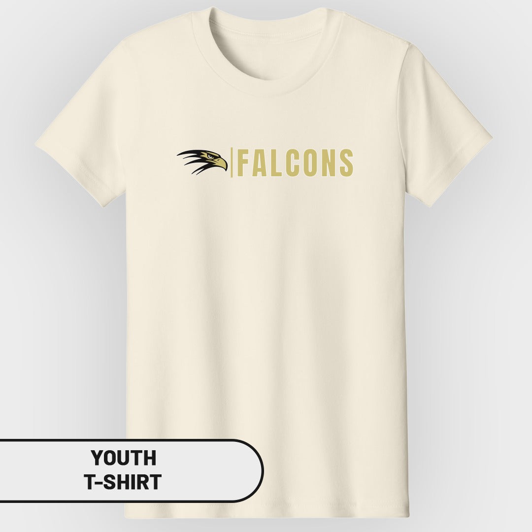 Cream youth t-shirt with a falcon logo and the word FALCONS in gold.