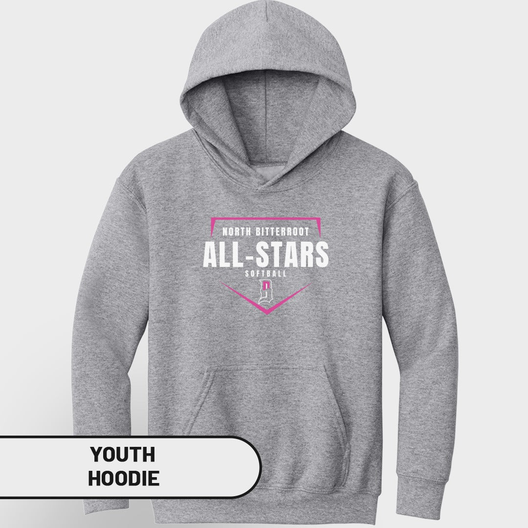 Grey youth hoodie with "North Bitterroot All-Stars Softball" logo.
