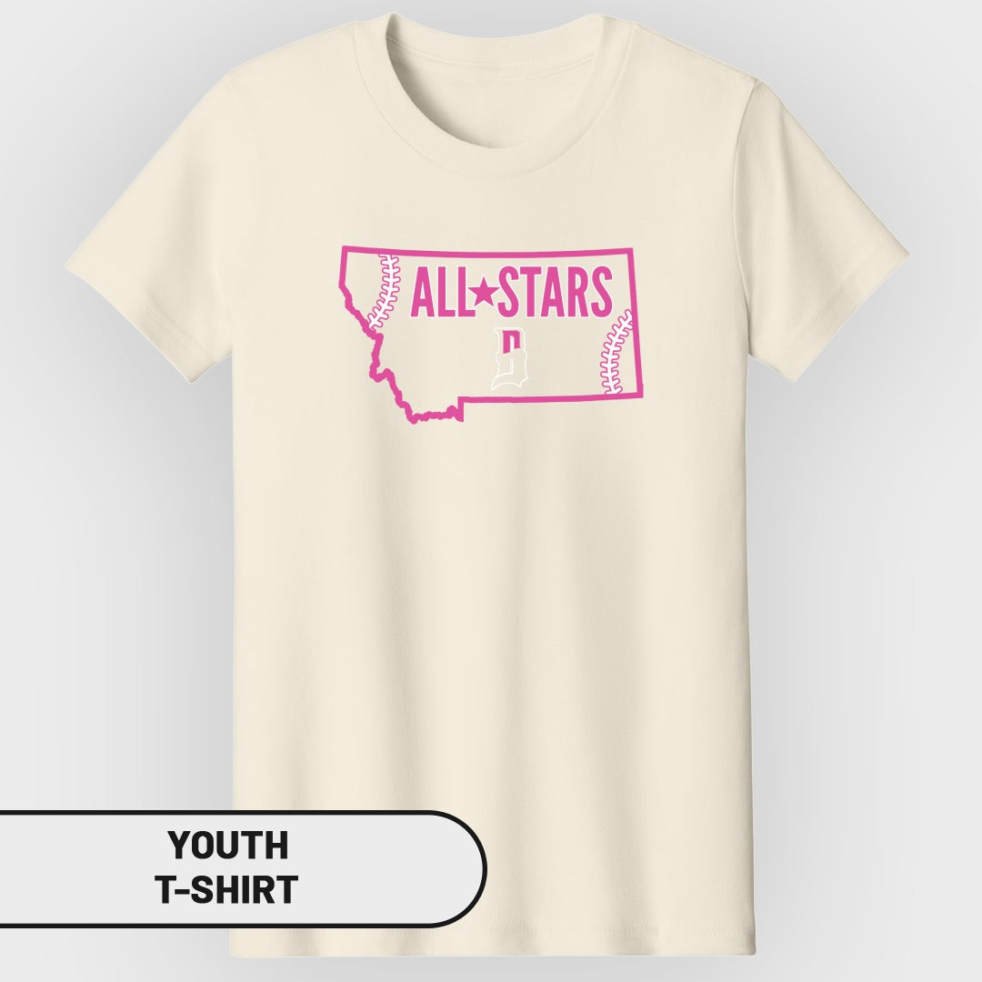 Cream youth t-shirt with pink "ALL STARS" text inside Montana outline.