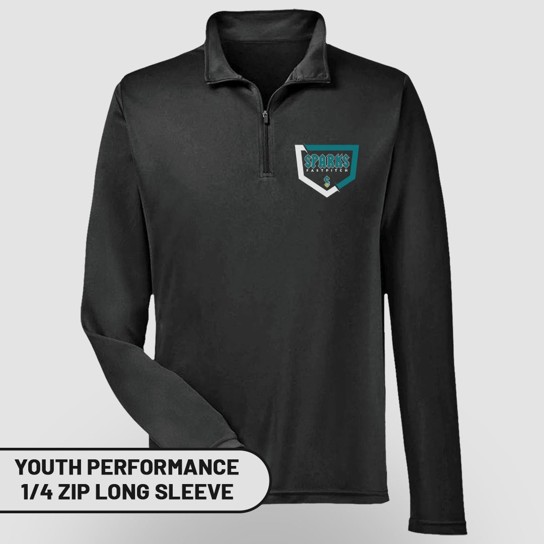 Black youth performance 1/4 zip long sleeve shirt with Sparks Fastpitch logo.