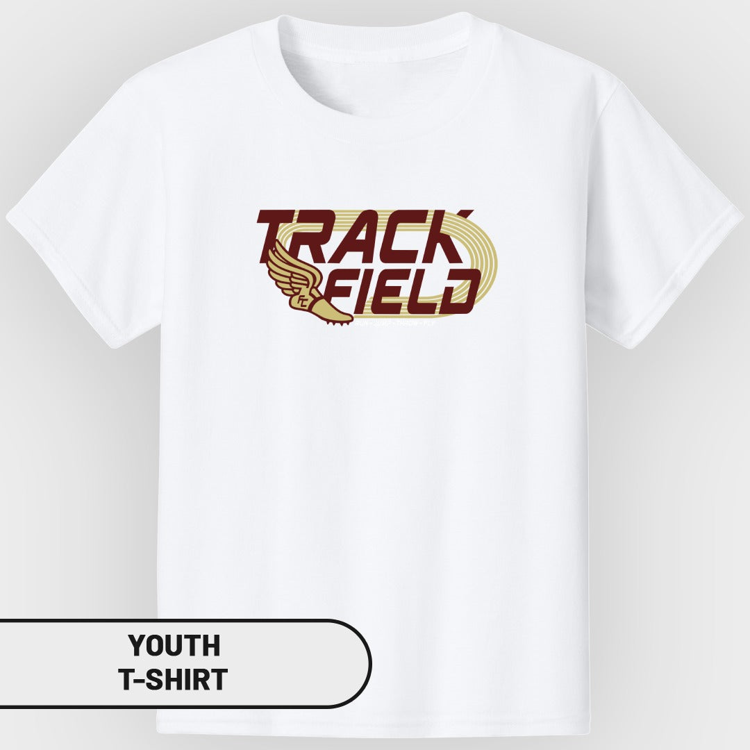 White youth t-shirt with "Track Field" text and winged running shoe graphic.