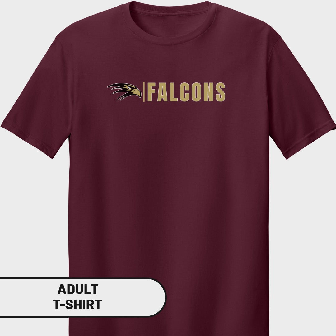 Maroon adult t-shirt with gold "FALCONS" text and eagle logo.
