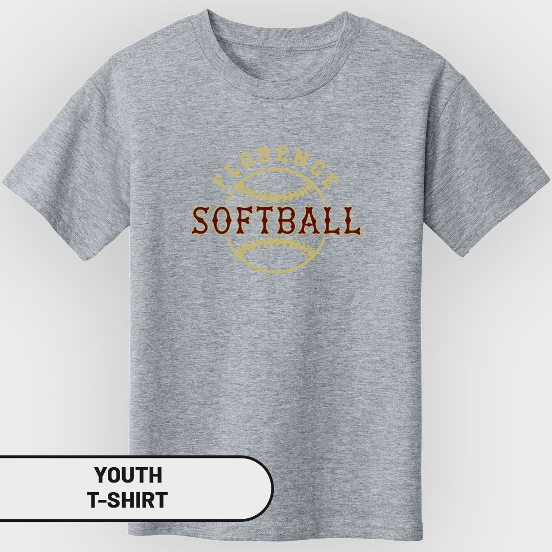 Gray youth t-shirt with "Florence Softball" graphic on a baseball.