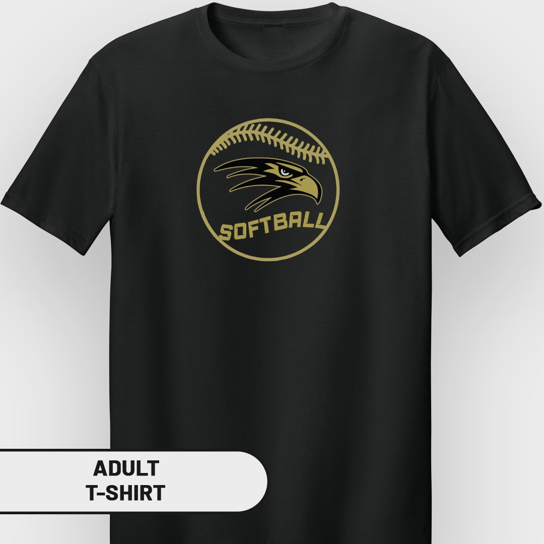 Black adult t-shirt with a gold softball logo featuring an eagle and the word "SOFTBALL".