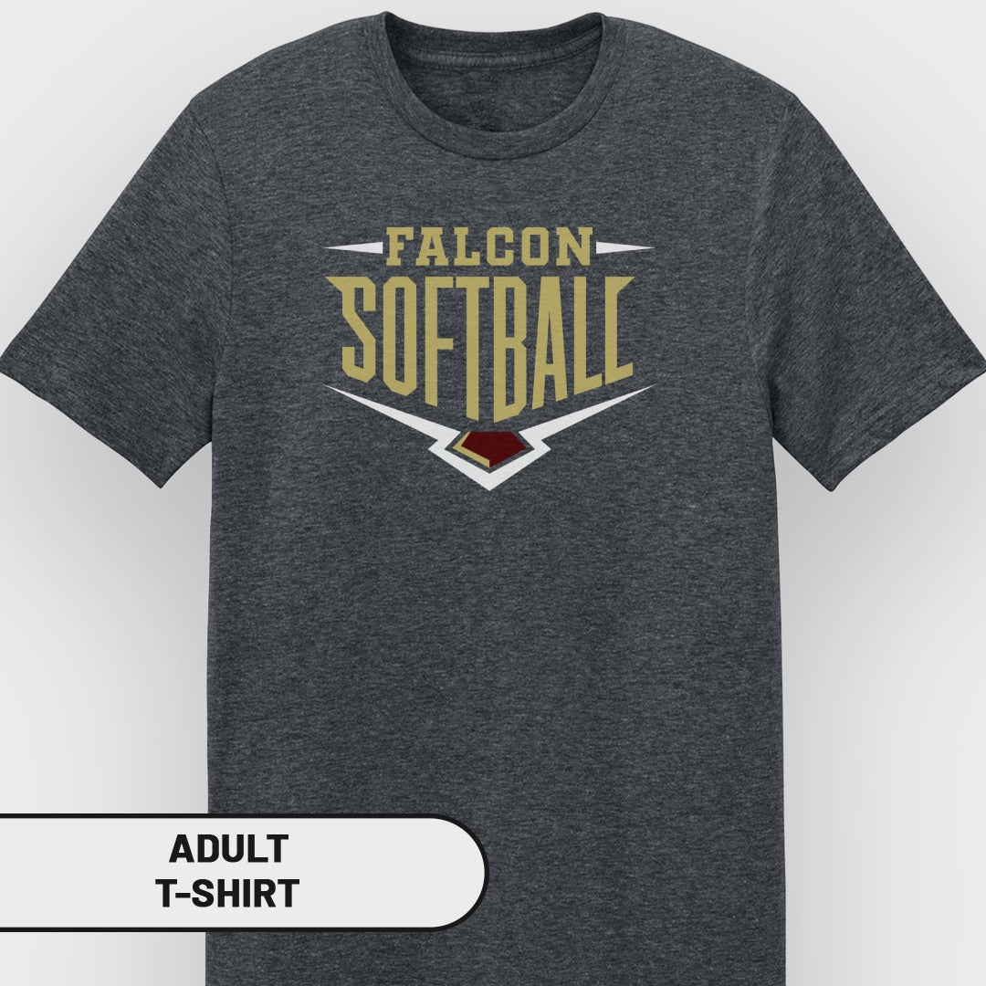 Dark grey adult t-shirt with "Falcon Softball" logo in gold and maroon.