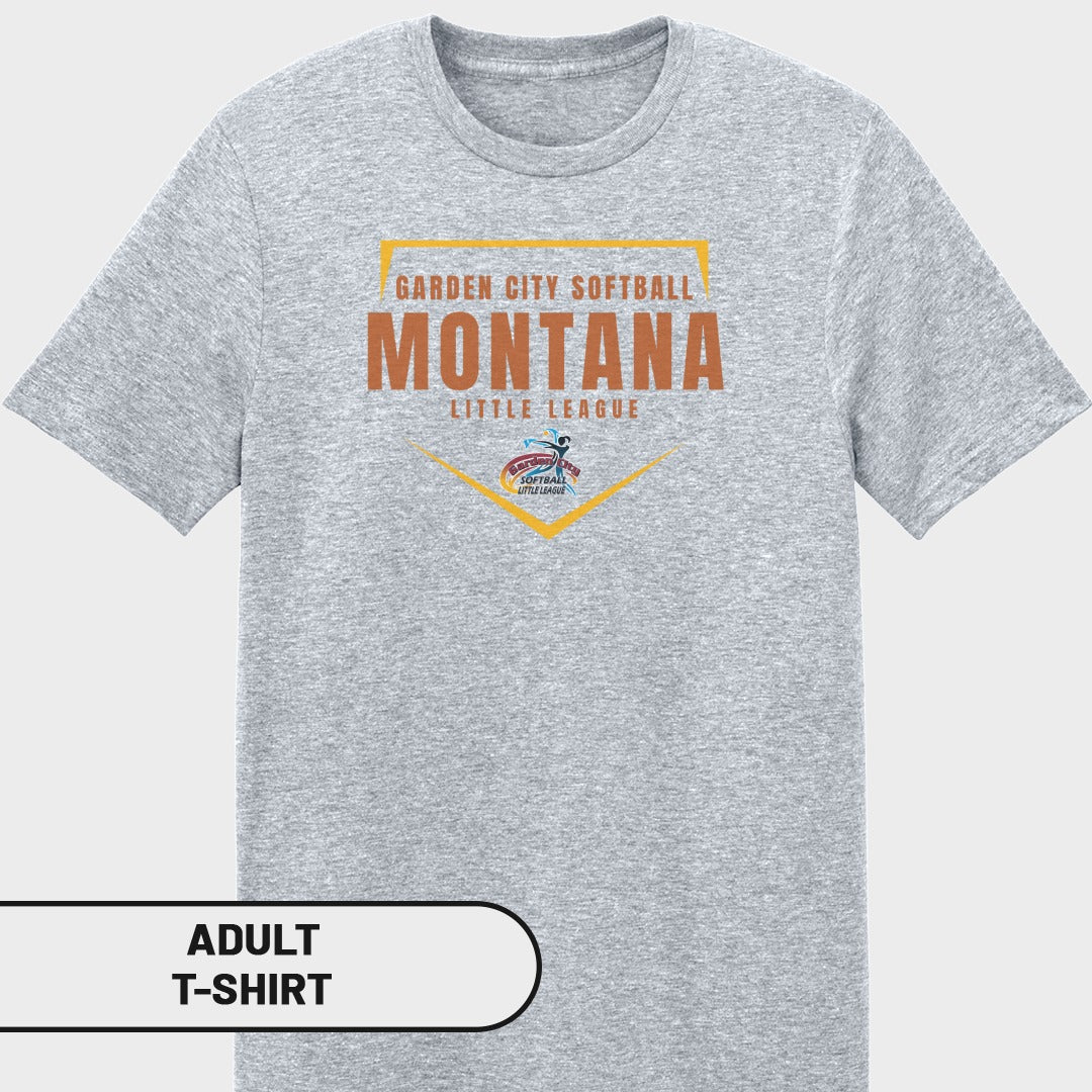 Grey Adult T-Shirt with Garden City Softball Montana Little League logo.