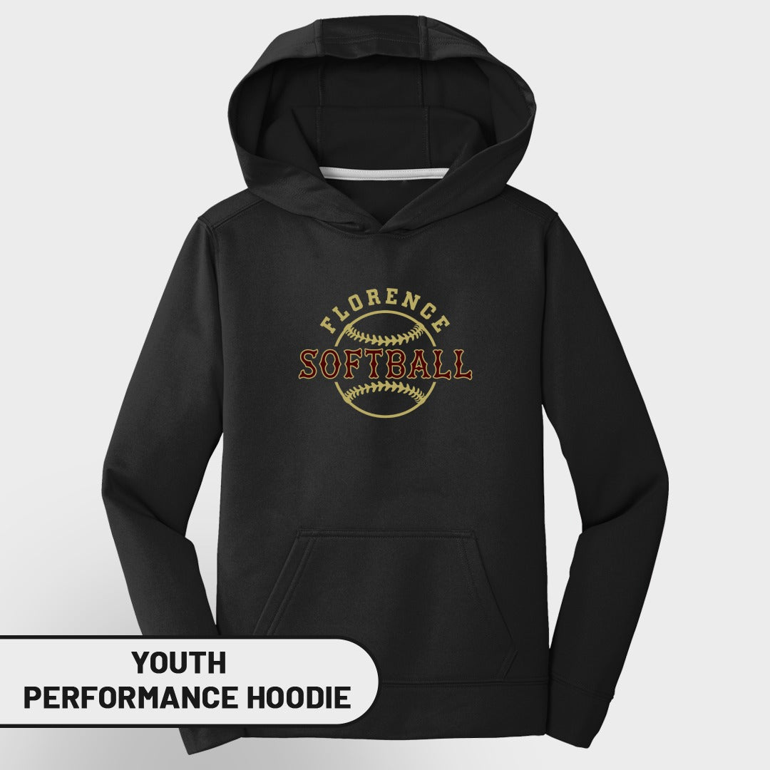 Black youth performance hoodie with "Florence Softball" and softball graphic.