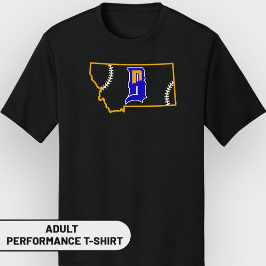 Black adult performance t-shirt with a yellow Montana outline containing a blue baseball stitch logo.