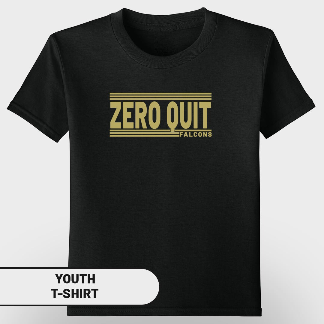 Black youth t-shirt with gold "ZERO QUIT FALCONS" text.
