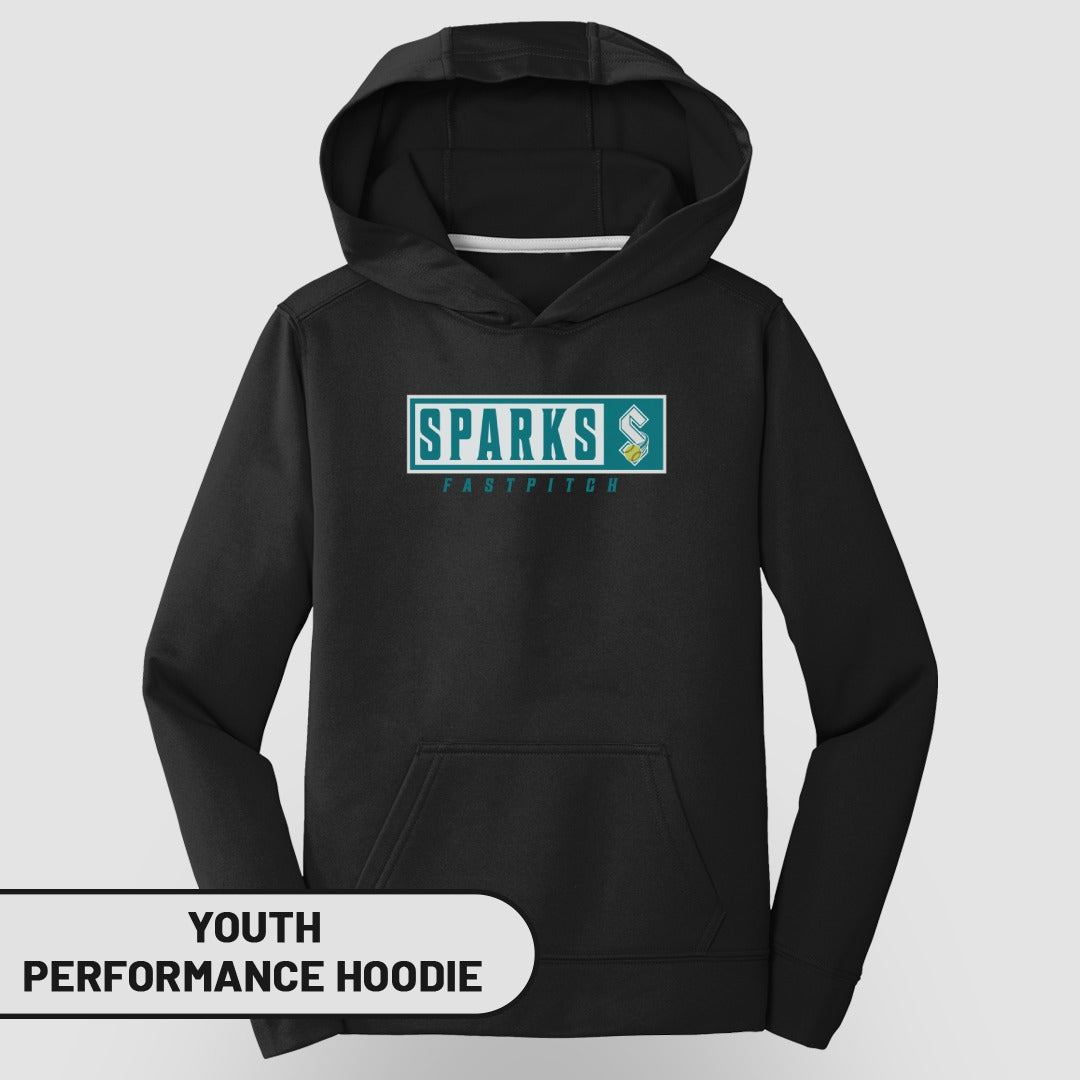 Black youth performance hoodie with "Sparks Fastpitch" logo on the chest.